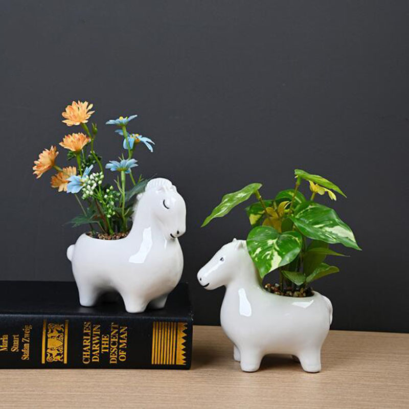 Bonsai Garden Art - 흰색 도자기 창의적인 말 모양 화분
